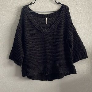 Free People Black V-Neck Crochet Sweater Size Medium